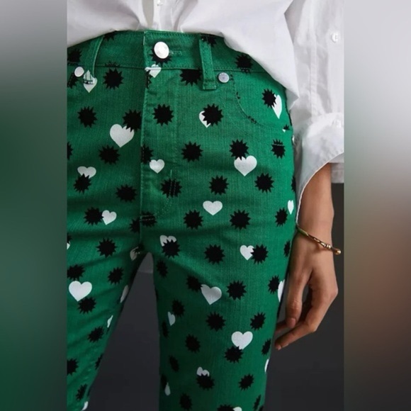 Anthropologie Maeve • NWT The Cigarette Slim Trouser Green Printed Heart Jean 26 - Picture 3 of 12
